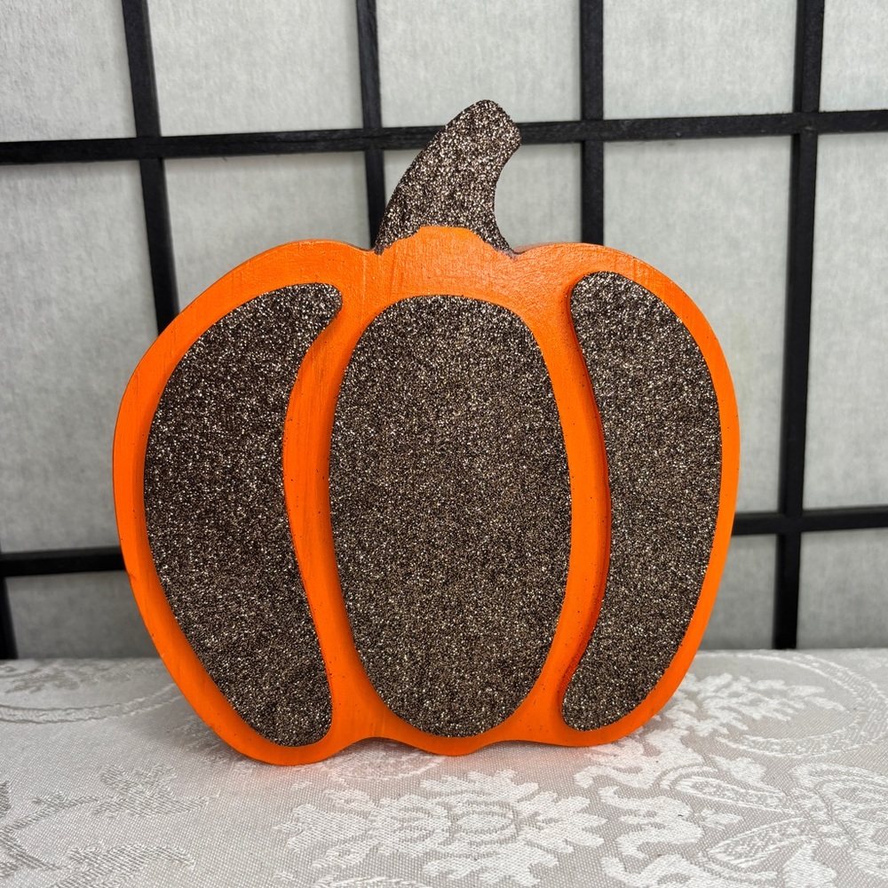 Orange Pumpkin with Brown Glitter Accent Decor Wood HandPainted